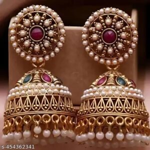 Private Label Pearl Studded Gold Platted Oxidised Jhumka Earrings for Girls