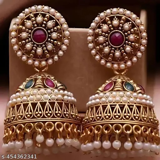 Private Label Pearl Studded Gold Platted Oxidised Jhumka Earrings for Girls