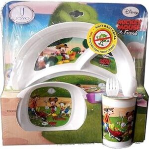 SERVEWELL Happy 5 Pcs Set Round Partition Plate Fork Spoon Bowl Glass Colour Will BE Send AS PER Availability Pink Color for Girls