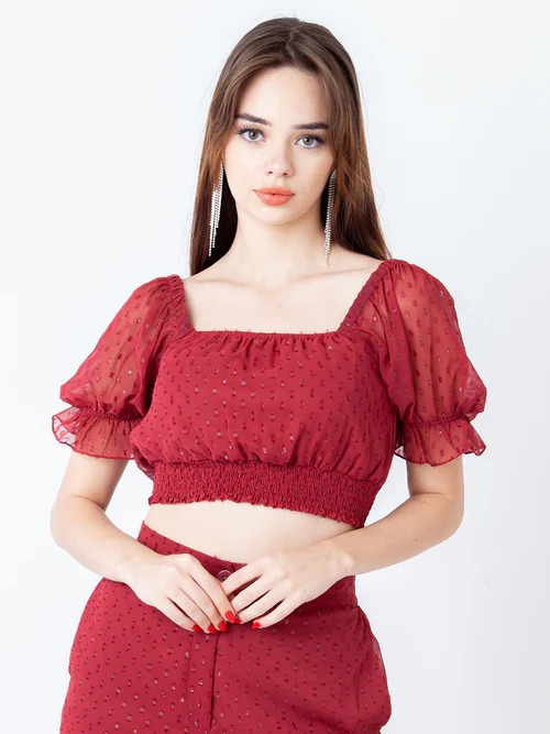 zink london Maroon Self Design Regular Top XL