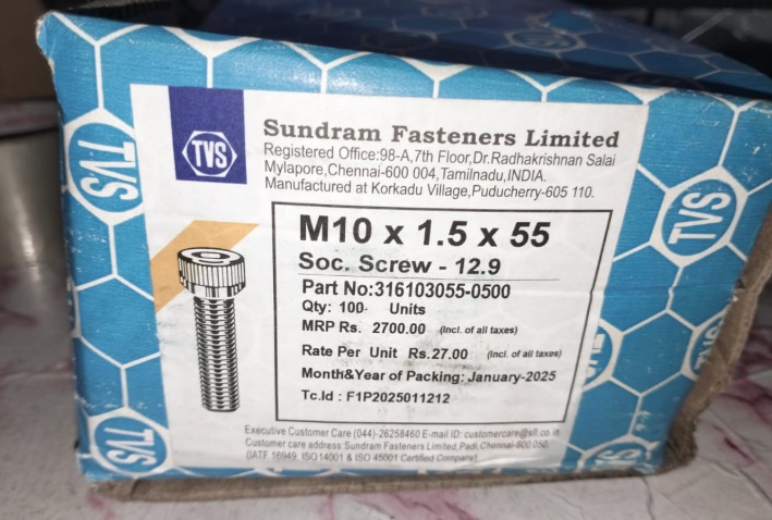 TVS M10 x 1.5 x 55 Socket Screws 12.9 Part No 316103055 0500 Quantity 100 Units