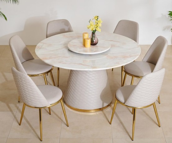 Homecentre Vegas Faux Marble Top 6 Seater Dining Set with Chairs Beige Avl 2 Seats