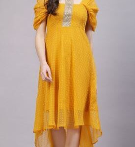 Aayu High Neck Short Sleeves Georgette Maxi Dress yellow XL Size