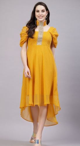 Aayu High Neck Short Sleeves Georgette Maxi Dress yellow XL Size