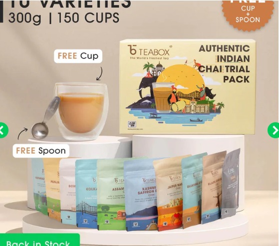 Teabox 10 Authentic Indian Chai Trial Pack Free Valencia Glass Teacup and Ideal Teaspoon