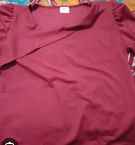 Casual Puff Sleeves Solid Women Red Top Size Xl
