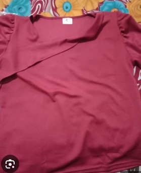 Casual Puff Sleeves Solid Women Red Top Size Xl