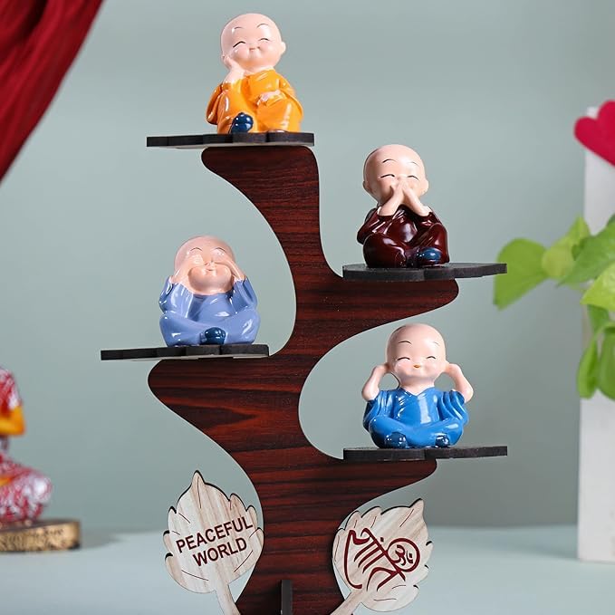 Kalakriti Store Colorful 4 Monks Buddha Figurines With Wooden Stand For Home Decor
