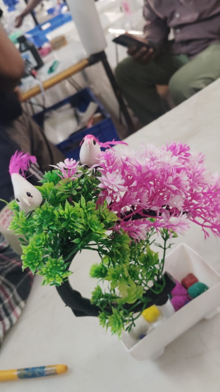 Artificial Flower With Pot Birds Sitting