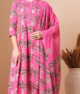Fashion Abstract Floral Printed A Line Kurta With Pant Dupatta Pink Size M