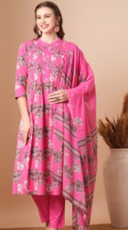 Fashion Abstract Floral Printed A Line Kurta With Pant Dupatta Pink Size M