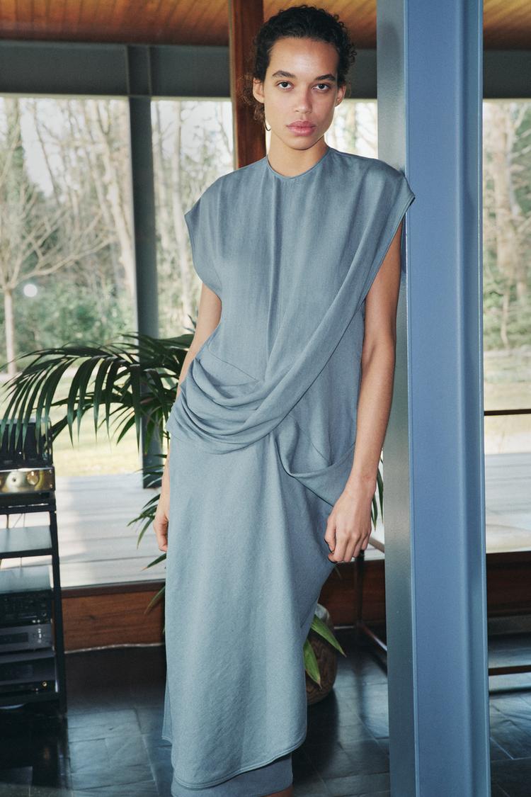 Zara Zw Collection LinenBlend Draped Dress Size Xl