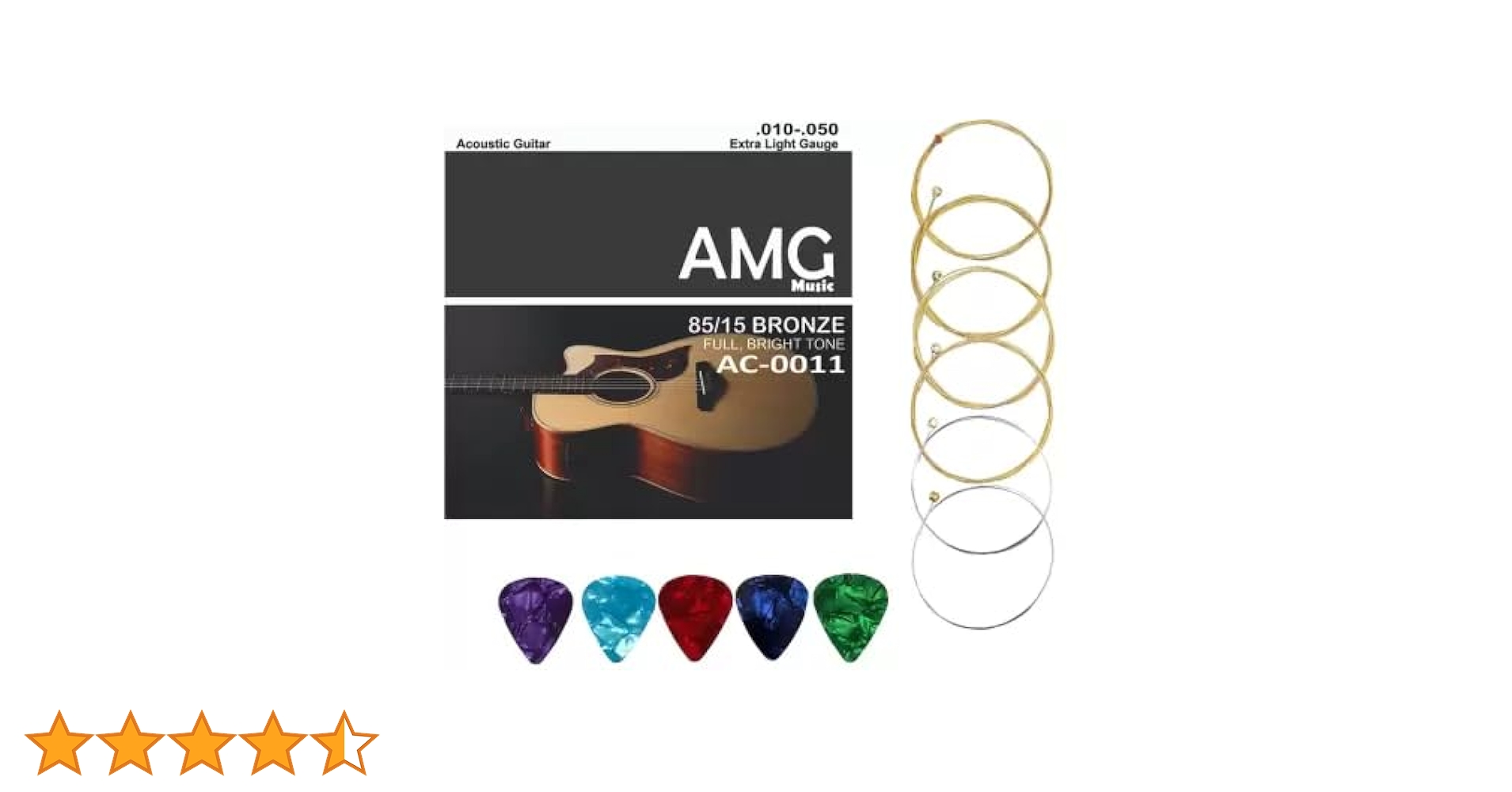 Amg Music Light Acoustic Guitar String Set 6 Stainless Steel Strings For Bright Tone