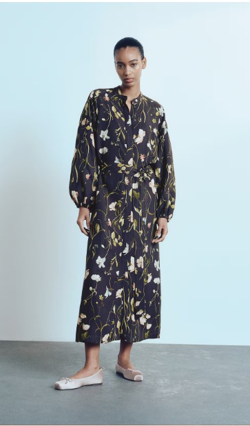 H And M Black Printed Linen Blend Tie Belt Dress For Womens Size M