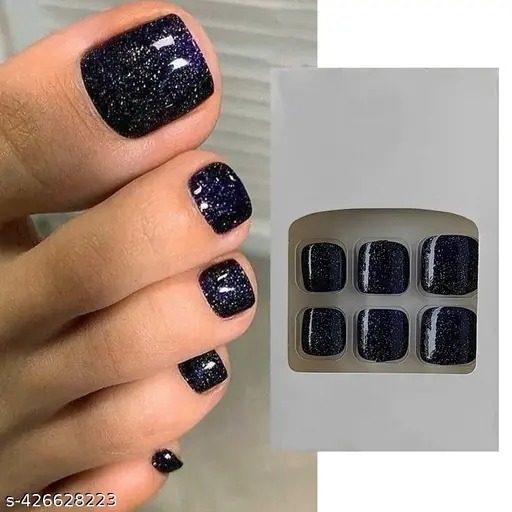 24 Pcs Short Natural Shape Black And Glitter Toe Nails