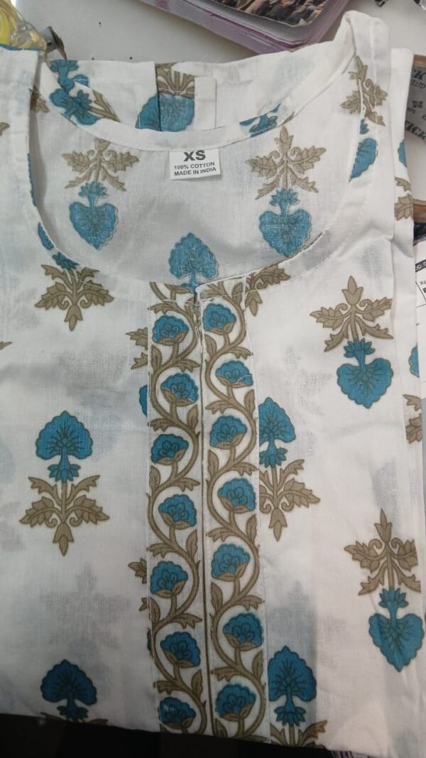 Woman White Blue Flower Print Kurti Size Xs