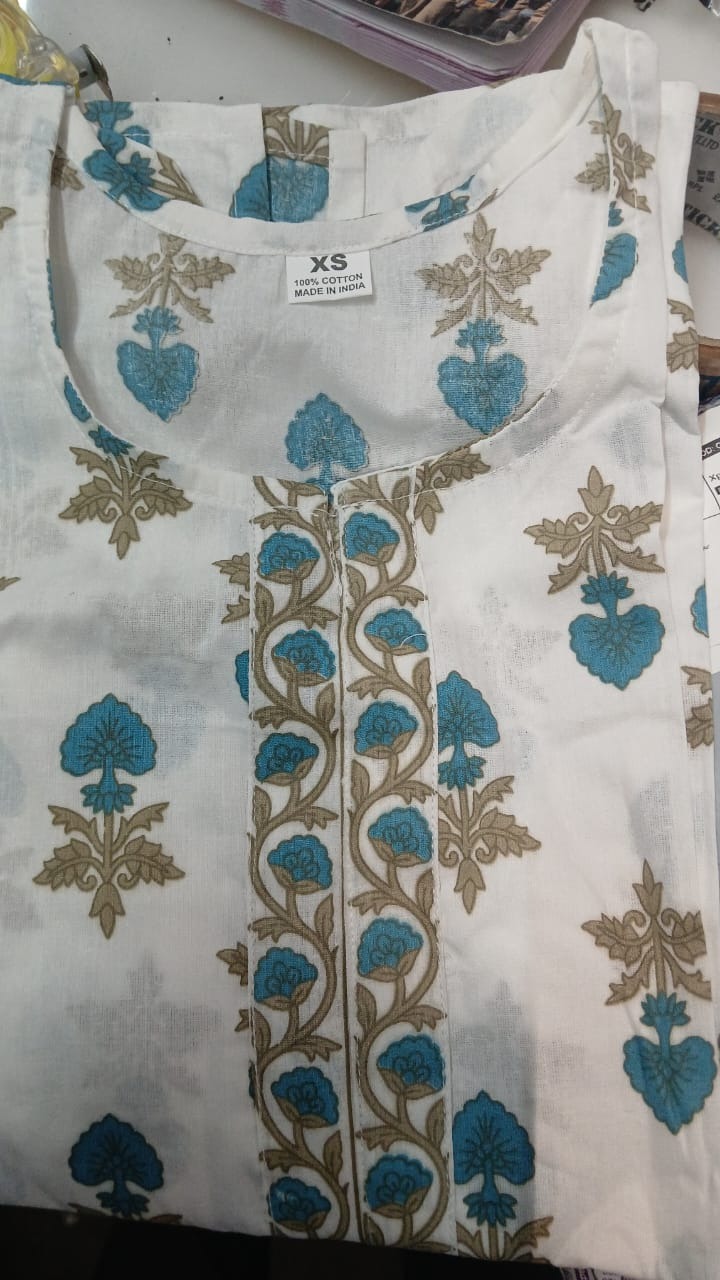 Woman White Blue Flower Print Kurti Size Xs