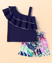 Crayonflakes Solid Layered Single Shoulder Top Short Set Blue Size 4 To 5 Y