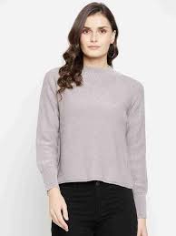 Camla Women Solid Round Neck Grey Sweater Size L