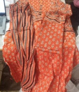 Womens Orange Printed Cotton Kurta Set With Dupatta Size M