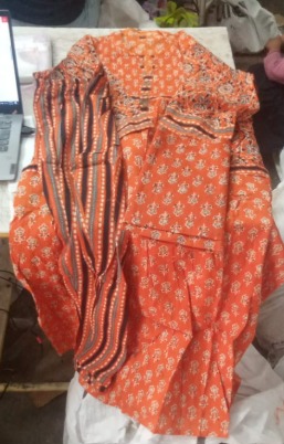 Womens Orange Printed Cotton Kurta Set With Dupatta Size M