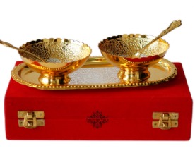 Brass With Silver Plating And Gold Polished 2 Bowl 2 Spoon 1 Tray Set
