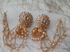 Gold Plated Kundan Crystal With Statement Kan Chain Earrings