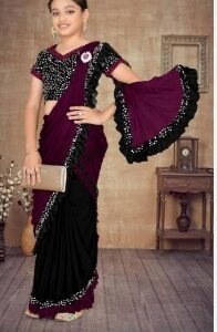 Girls Lycra Blend Ready To Wear Saree With Sequence Blouse Piece Wine Black 12 To 13 Years