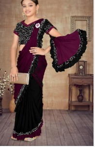 Girls Lycra Blend Ready To Wear Saree With Sequence Blouse Piece Wine Black 12 To 13 Years