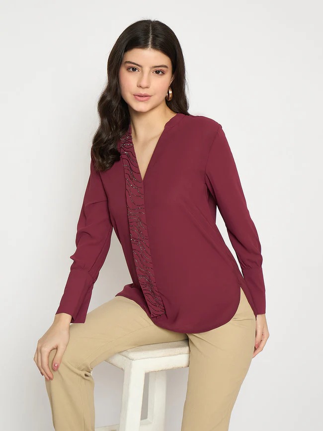 Madame Maroon Solid Shirt Size M