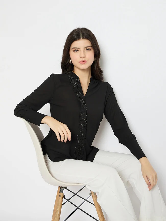Madame Solid Black Shirt For Women Size Xl