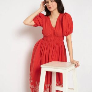 Madame Cutwork Embroidery Empire Waist Red Cotton Midi Dress Size S