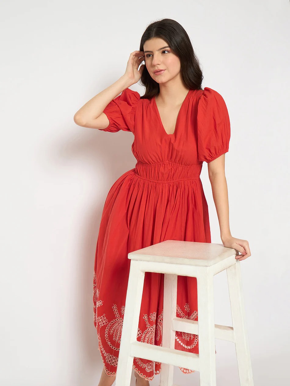 Madame Cutwork Embroidery Empire Waist Red Cotton Midi Dress Size S