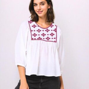 bare denim WHITE TOP WITH MAROON DESIGN FOR WOMEN euru color size L