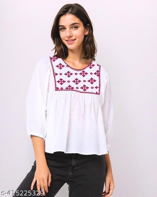 Bare Denim ecru color TOP WITH MAROON DESIGN FOR WOMEN