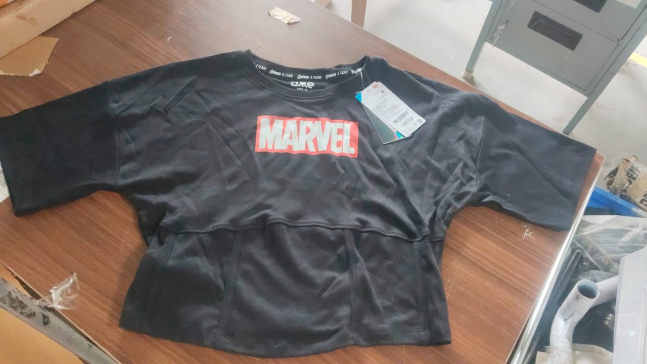 AJILE Marvel Women Printed Round Neck Cotton Blend Black colour T Shirt M size