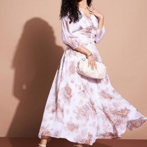 Deewa White Blue Tie and Dye Flared Sleeve Georgette Midi Dress multi colour 3xl size