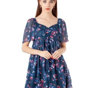 Zink London Women s Navy Blue Printed Flared Short Dress navy blue colour size L