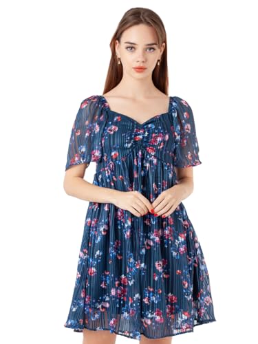 Zink London Women s Navy Blue Printed Flared Short Dress navy blue colour size L