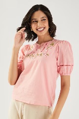 FRATINI Embroidered Cotton Round Neck Womens Top Dusty Pink Colour S Size