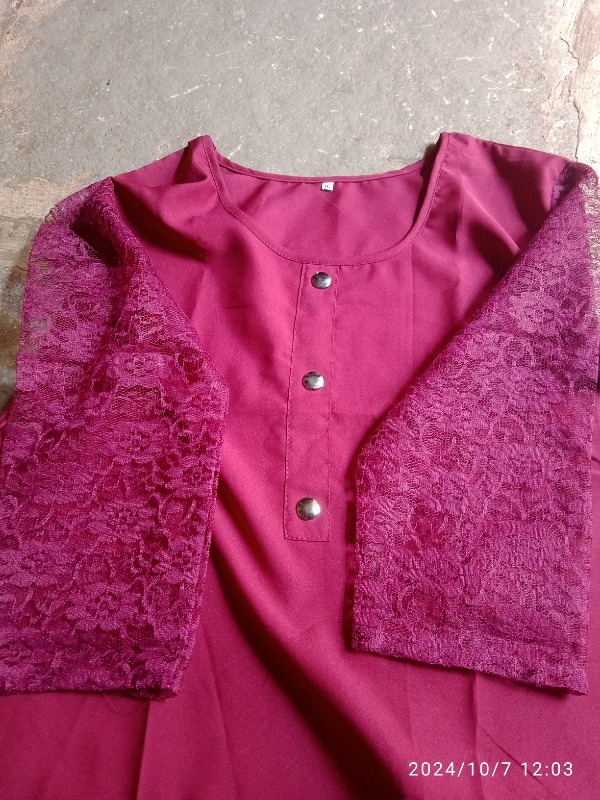 Wine Color Kurta Set Round Neck For Women Size M