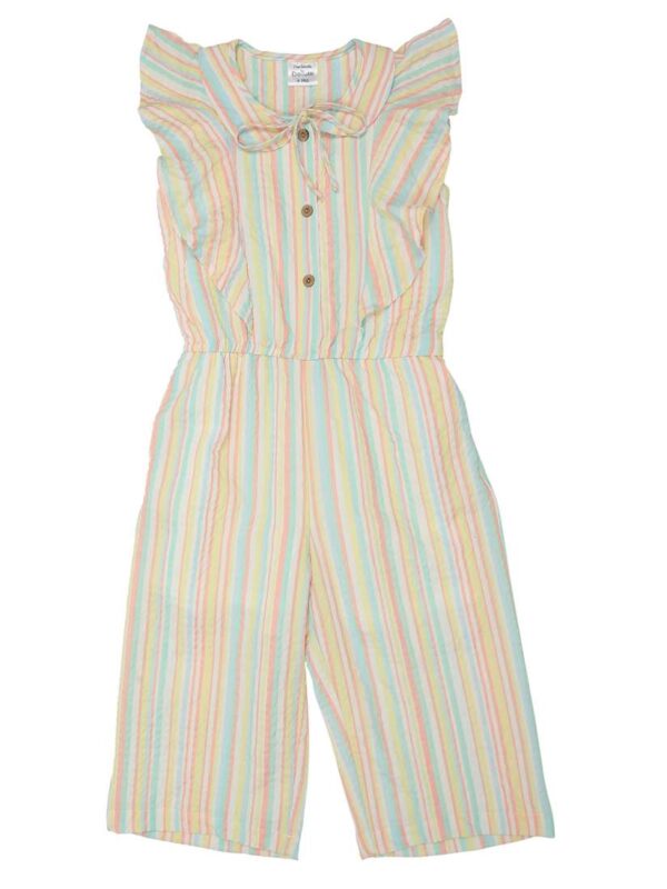 Doodle Girls Striped Flutter Sleeves Tie Up Cotton Basic Jumpsuit off white size 12 Years