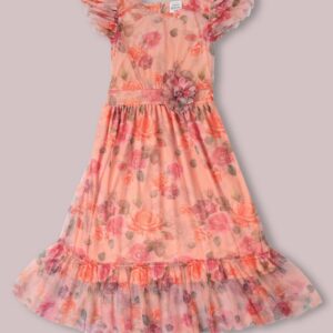 Doodle Girls Floral Printed Flutter Sleeve Net Fit Flare Dress Coral Colour Size 6 Years