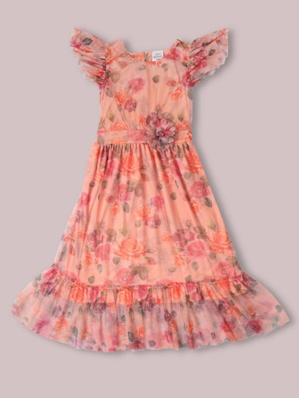 Doodle Girls Floral Printed Flutter Sleeve Net Fit Flare Dress Coral Colour Size 6 Years