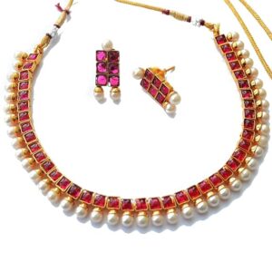 Private Lable Pretty Ponytails South Indian Necklace Earring Set Wedding Jewelry Temple Jewellery I Ruby Pearl Necklace