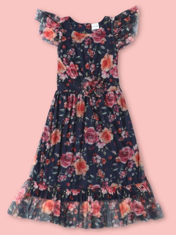 Doodle Girls Floral Printed Flutter Sleeve Net Fit Flare Dress Navy Blue size 6 Years