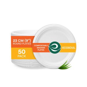 ECO SOUL 9 inch 50 Pack Disposable Bagasse Plates White