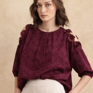 The rare house women cold shoulders top with flower lace gips red color size XL