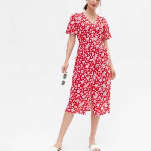 New Me Red Floral Flutter Sleeve Midi Shirt Dress Size L