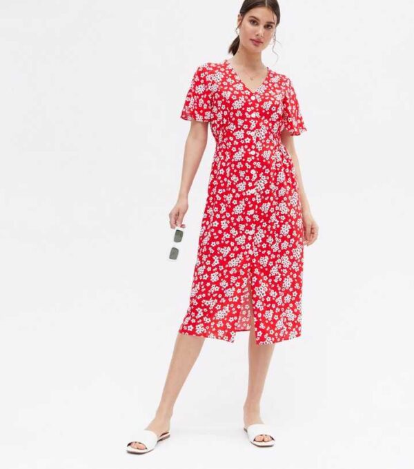 New Me Red Floral Flutter Sleeve Midi Shirt Dress Size L